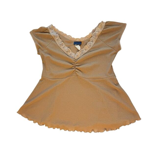 Vintage Y2K Babydoll Top Women's M Tan Cap Sleeve Coquette Festival Lace Dainty - Picture 1 of 6